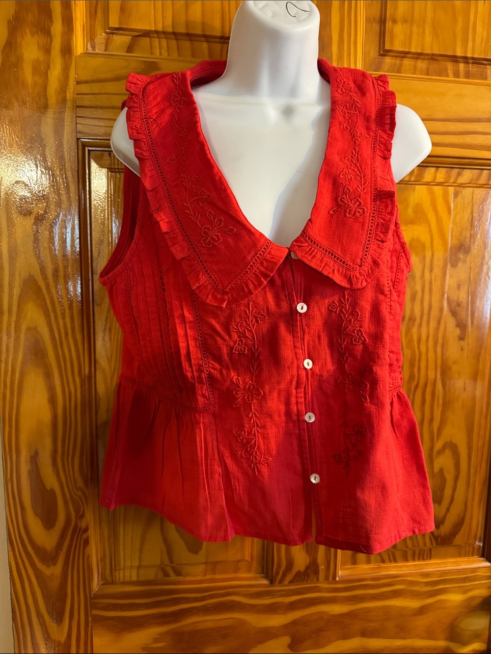 Women’s Red Sleeveless Button-Front Embroidered Top. 100% cotton